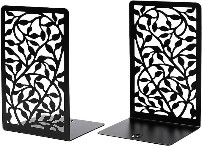CNK Book Ends for Shelves - Metal Holders for Home Office Heavy Books, Shelf Stoppers, Decorative Set of 2 Black Infinite Leaves Bookends