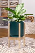 D'vine Dev Ceramic Planter with Natural Stand - 8 Inch Modern Round Flower Pot with Wood Planter Holder, Teal, 55-B-N-4