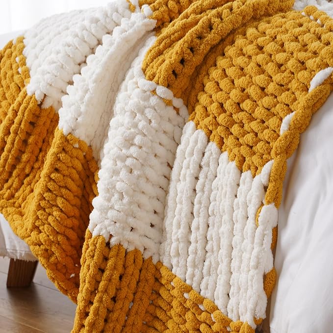 Battilo Chunky Knit Throw Blanket, Soft and Thick Chenille Throw Blanket, 50"x60" Handmade Cable Knit Crochet Blanket, Large Rope Knot Throw Blankets for Couch Sofa Bed Home Decor, Yellow & White