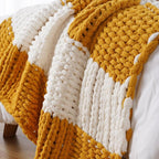 Battilo Chunky Knit Throw Blanket, Soft and Thick Chenille Throw Blanket, 50"x60" Handmade Cable Knit Crochet Blanket, Large Rope Knot Throw Blankets for Couch Sofa Bed Home Decor, Yellow & White