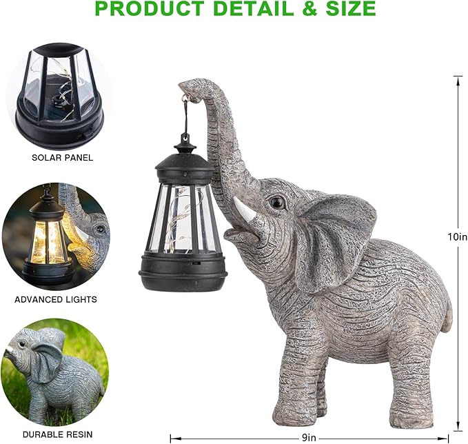Solar Garden Statue Lights Elephants Figurine with Solar Lantern, Outdoor Yard Decorations for Patio Porch Home, Christmas Elephant Gifts for Women - Unique Housewarming Gifts