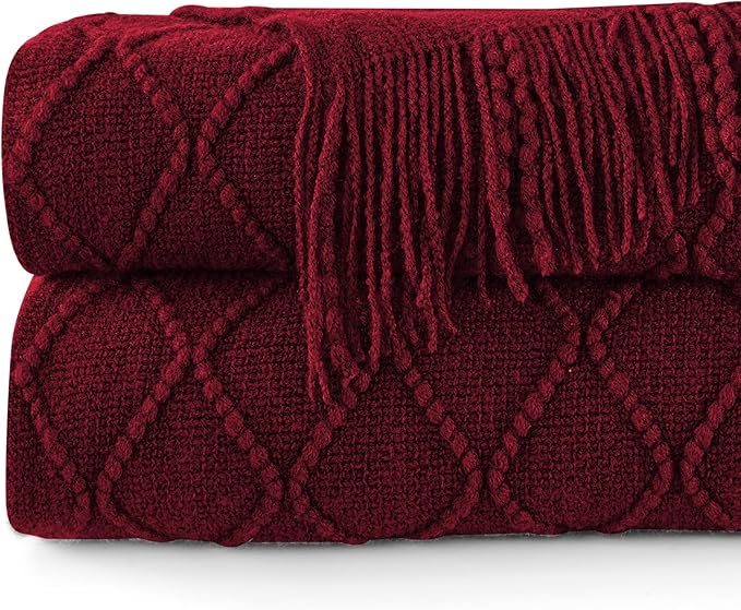 inhand Knitted Throw Blankets for Couch and Bed, Soft Cozy Knit Blanket with Tassel, Claret Lightweight Decorative Blankets and Throws, Farmhouse Warm Woven Blanket for Men and Women, 50"x60"