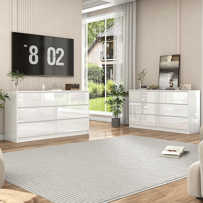 White Malm Dresser for Bedroom, 55 Inch Full High Gloss Dresser with 7 Drawers, Modern Large Wood Chest of Drawer Handle Free, Living Room, Entryway, Hallway, White