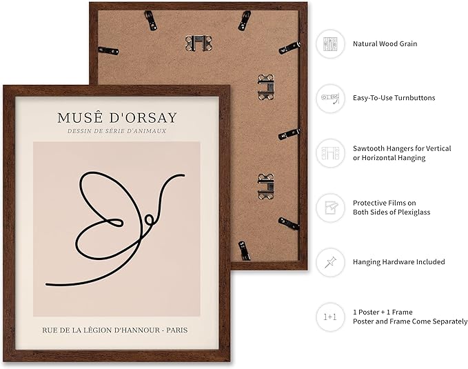 Poster Master Vintage Poster - Retro One Line Butterfly Drawing Print - Butterfly Line Art - Minimal Gift for Him, Her, Animal Lover - Abstract Decor for Home, Office, 16x20 Brown Framed