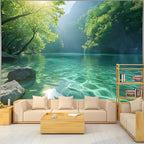 BSFHH Nature Tapestry Forest Tree Sea Cave Wall Hanging, Stream Through Rainforest Landscape Wall Art Tapestry for Bedroom Living room (Lake View, 90"×70", Unframed)