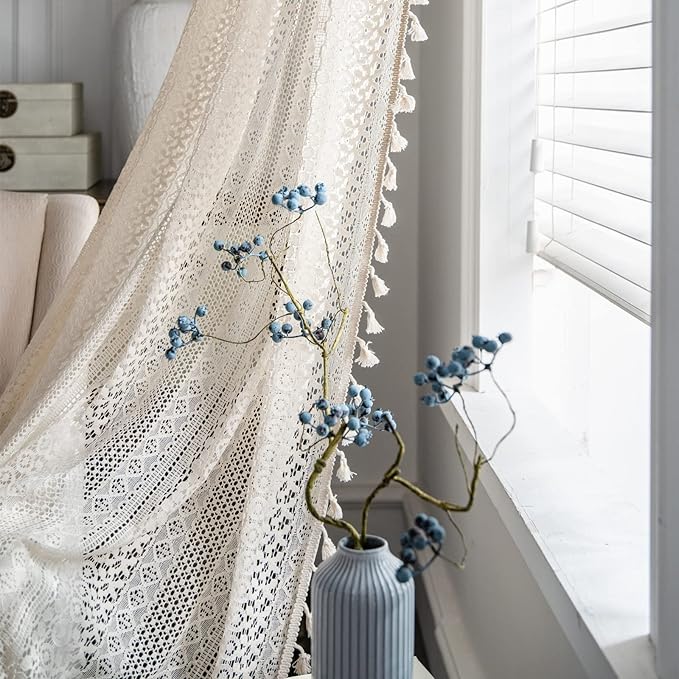 Sutuo Home Boho Curtains Crochet Lace Semi-Sheer Bohemian Hollow Knitted Handmade Tassels, Rod Pocket Window Treatment Vintage Rustic Farmhouse Drapes for Living Bedroom, 1 Panel 59" W x 84" L, Beige