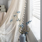 Sutuo Home Boho Curtains Crochet Lace Semi-Sheer Bohemian Hollow Knitted Handmade Tassels, Rod Pocket Window Treatment Vintage Rustic Farmhouse Drapes for Living Bedroom, 1 Panel 59" W x 72" L, Beige