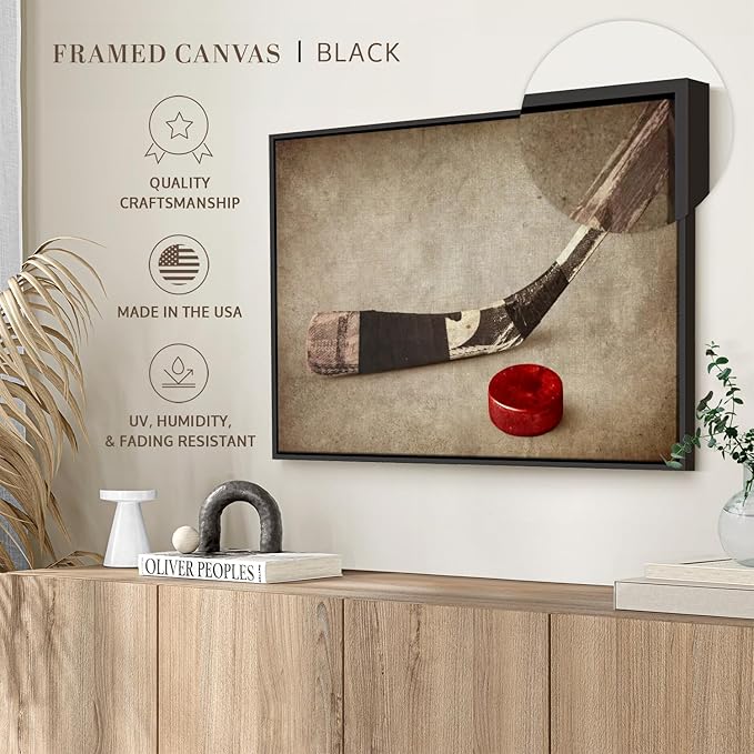 Elephant Stock Vintage Ice Hockey Wall Art - Horizontal Framed Canvas - 1-Piece Hallway Wall Decor - Photography Sports Canvas Print - Brown and Beige Decor for Wall - 25" X 17"