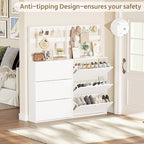 Shoe Cabinet with 3 Flip Drawers, Narrow Shoe Cabinet with 9 Hooks Coat Rack, Freestanding Shoes Storage Cabinets with Adjustable Shelves for Entryway, Hallway, Living Room, White