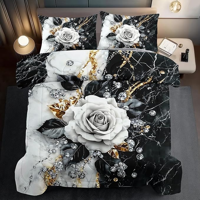 Marble Floral Comforter Set for Queen Bed Women,Vintage Flower Bedding Set Queen,White and Black Comforter Rose Quilt for Girls,Rose Bedding Floral Bedroom Decor Adults