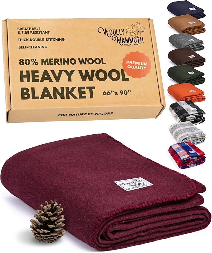 Woolly Mammoth Woolen Company Outdoor Merino Wool Throw Blanket - 66" x 90" Large Burgundy - Camping Essentials Bedroll & Emergency Survival Gear - Heavyweight Thermal & Breathable
