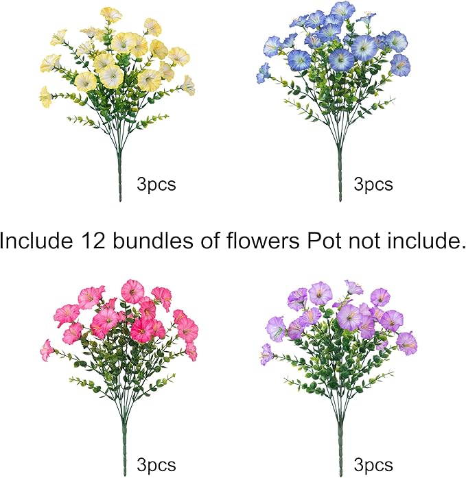 Artificial Flowers for Outdoors Fake Plants Outside Decoration, 12 Bundles Silk Colorful Morning Glory with Eucalyptus UV Resistant Realistic Faux Flowers for Planter Porch Patio Yard Indoor