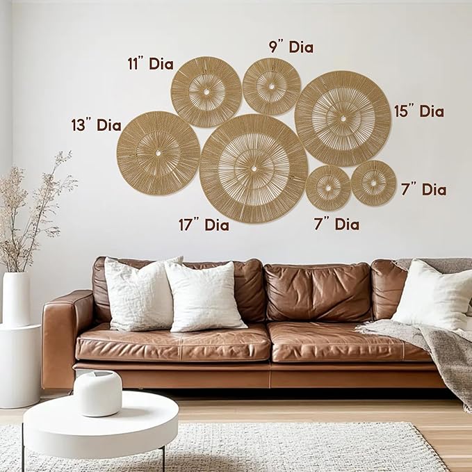 Mokof 7 Pack Boho Wall Decor Round Baskets Set (Small 7" to Largest 17") - Handwoven Large Wall Hanging Art for Bedroom, Living Room, Home Office