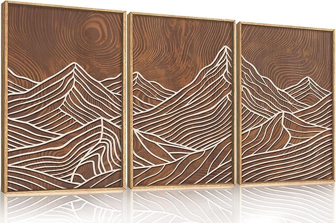 HPINUB Line Style Mountain Framed Canvas Wall Art Set, Vintage Tree Rings Wall Decor, Abstract Tree Spiral Wall Painting, Modern Nature Art Prints for Living Room,Bedroom,Farmhouse-24 x36 x3