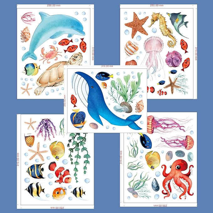 Sea Turtle Ocean Fish Wall Decals Glow in The Dark, Under The Sea Life Animals Stickers for Ceiling, Girls Boys Waterproof Decoration for Living Room Wall Bathroom Toilet