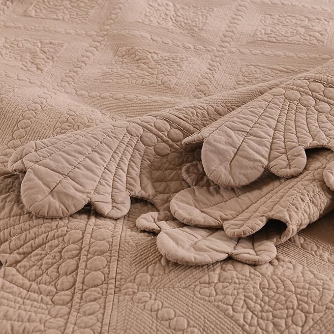 MarCielo 3-Piece 100% Cotton Oversized Bedspread Lightweight Quilt Coverlet Embroidery Farmhouse Bedding Set (TK Pale Taupe Camel, Oversized King (118"x106"))