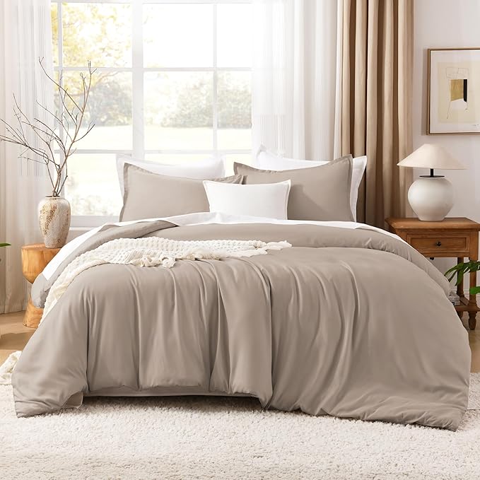 Litanika Light Coffee Comforter King Size, 3 Pieces Lightweight Solid Bedding Comforter Set, All Season Fluffy Bed Set (104x90In Comforter & 2 Pillowcases)