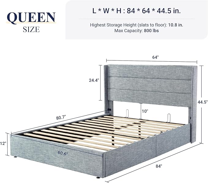 Allewie Queen Size Lift Up Storage Bed, Modern Wingback Headboard, Hydraulic Support, No Box Spring Needed, Grey Blue