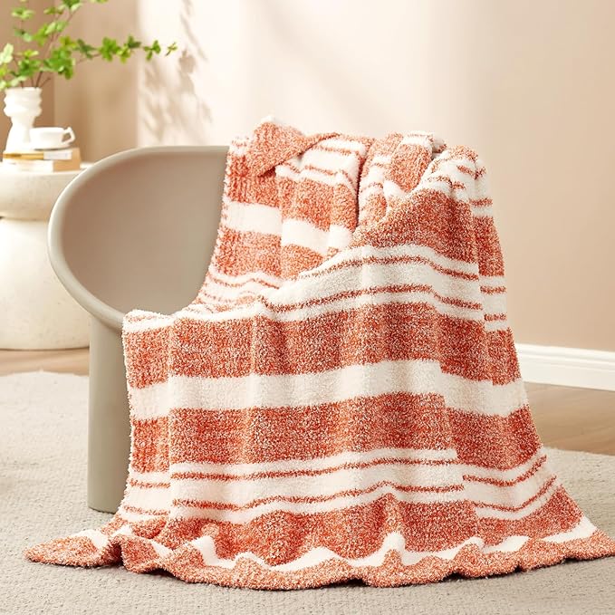 Snuggle Sac Orange Fall Throw Blanket for Couch, Reversible Super Soft Blankets Warm Cozy Knit Fuzzy Plush Blankets for Sofa,Living Room, Stripe Orange,50x60 inches