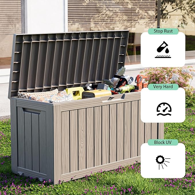 Vixzen 75 Gallon Resin Deck Box with wheels,Lockable Outdoor Storage Box for Patio Cushions Storage Furniture,Garden Tools,Weatherproof and UV Resistant- Grey