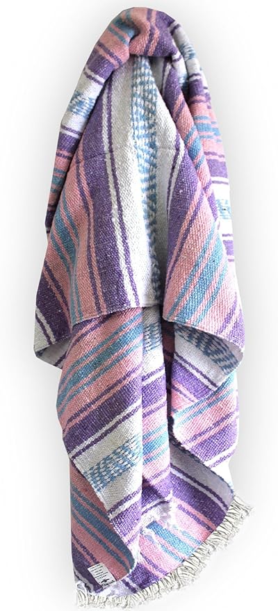 Del Mex Classic Mexican Blanket, Large Authentic Woven Falsa Throw (70"x50"), Artisan Southwest Décor for Beach, Yoga, Outdoors (Lavender/Pink)