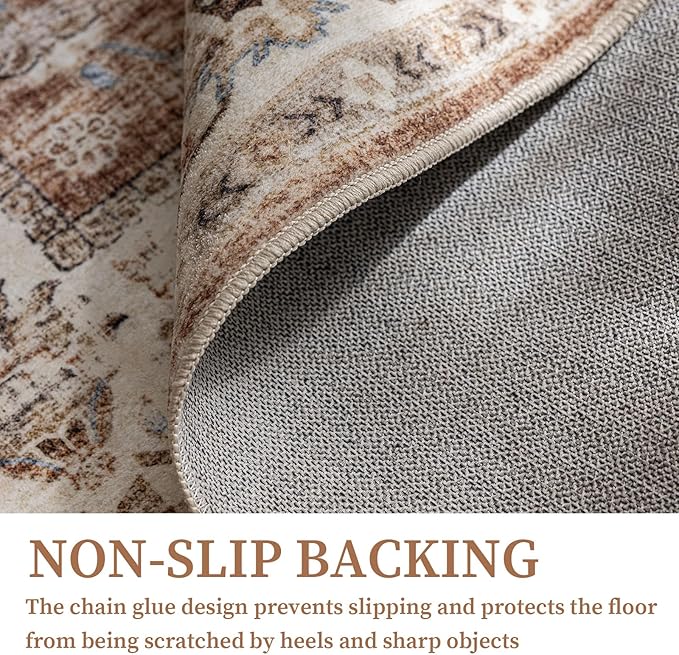 5'x7' Area Rug - Vintage Persian Medallion Design Low-Pile Faux Wool Rug, Non-Slip Backing, Machine Washable, for Living Room, Dining Room, Bedroom (Brick Red)