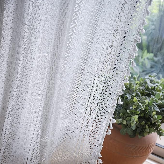Sutuo Home White Crochet Boho Curtains 72 Inches Length, Sheer Lace Handmade Tassels Knitted Window Treatment Vintage Rustic Bohemian Farmhouse Drape for Bedroom Rod Pocket 1 Panel 59" W x 72" L