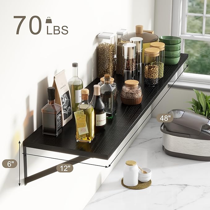 12 Inch Deep Floating Shelves, Black Floating Shelves 48W x 12D, Deep Wall Shelves Bracket Set of 2, Large Display Hanging Floating Shelf for Bathroom, Living Room, Wide Storage Wooden Wall Shelf