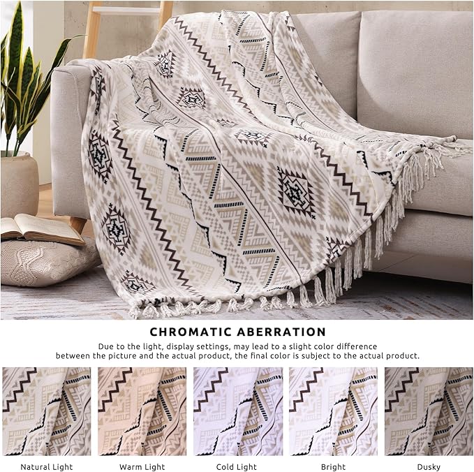 CASAAGUSTO Boho Throw Blanket - Beige and Gray Decorative Blankets with Tassel, Printed Flannel Bohemian Blanket for Chair, Bed, Sofa, Couch(60 * 80, Beige and Gray)