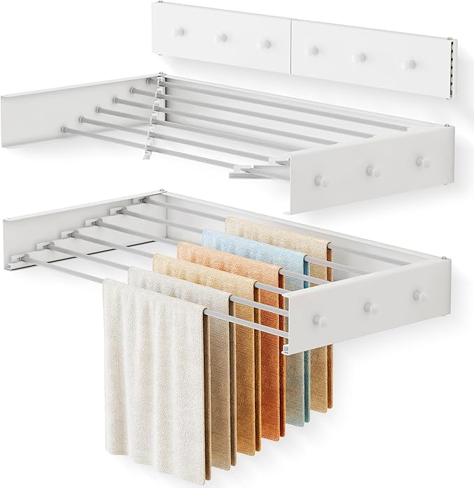 Upgrade Drying Rack Clothing,Clothes Drying Rack Wall Mounted,Laundry Drying Rack Wall Mount,Foldable,Collapsible,Retractable,6 Aluminium Poles,with Hooks,(White 35.5"