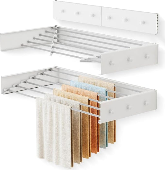 Upgrade Drying Rack Clothing,Clothes Drying Rack Wall Mounted,Laundry Drying Rack Wall Mount,Foldable,Collapsible,Retractable,6 Aluminium Poles,with Hooks,(White 35.5"