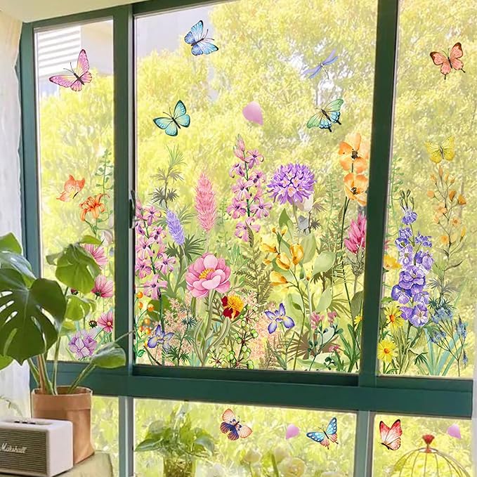 Mirbuy Wildflower Butterfly Window Decals, Colorful Garden Floral Window Clings for Home Decor