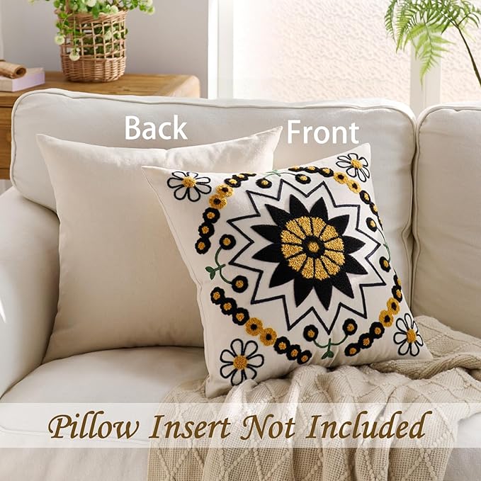 Embroidered Throw Pillow Cover 18x18 Classic Boho Floral Pattern Pillows Cover Outdoor Decorative Pillowcase,Durable Cozy Textured Cushion Case for Sofa Couch Bed Living Room,Black Orange