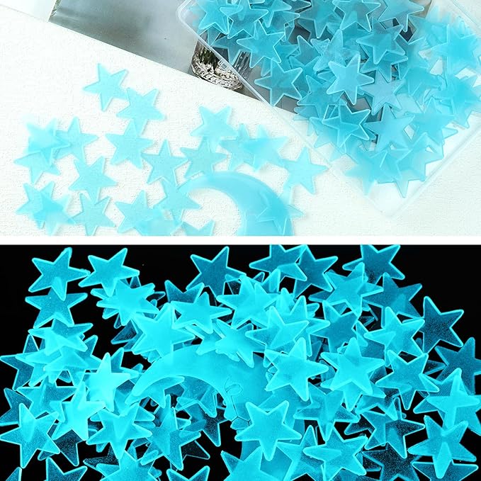 100 Stars and 1 Moon Glow in The Dark Luminous Fluorescent 3D Plastic Glow Stars Moon for Ceiling, Glowing Wall Stickers Create a Realistic Starry Sky, Room Decorations (Blue)