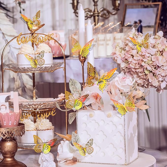 SAOROPEB 3D Butterfly Wall Decor - 48 Pcs, 4 Styles, 3 Sizes - Removable Gold Decorations for Birthday & Party Celebrations
