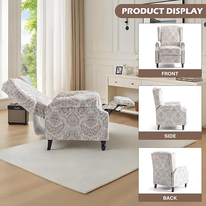 UIXE Recliner Chairs Set of 2, Fabric Upholstered Armchair Pushback Accent Chair for Living Room, Floral Rivet Trim Club Chair Home Theater Single Sofa Bedroom Side Reading Seat - Beige Pattern