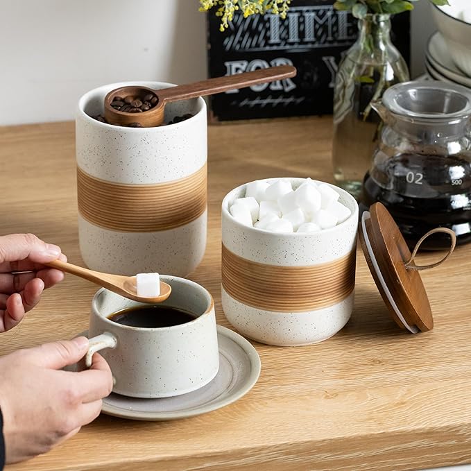 Coffee Container Jar with Lid, Ceramic Kitchen Food Storage Jars for Spice Sugar Cookie, Stackable Decorative Jars for Coffee Bar, White & 28oz