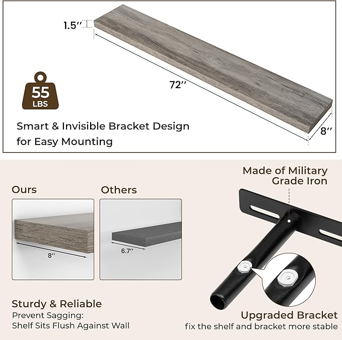 RICHFOCUS 72Inch Floating Shelves for Wall 2 Pack Shelves for Bedroom|Kitchen|Bathroom Wall Mounted Rustic Wood Floating Shelf with Invisible Brackets for Books|Storage|Decor, Grey