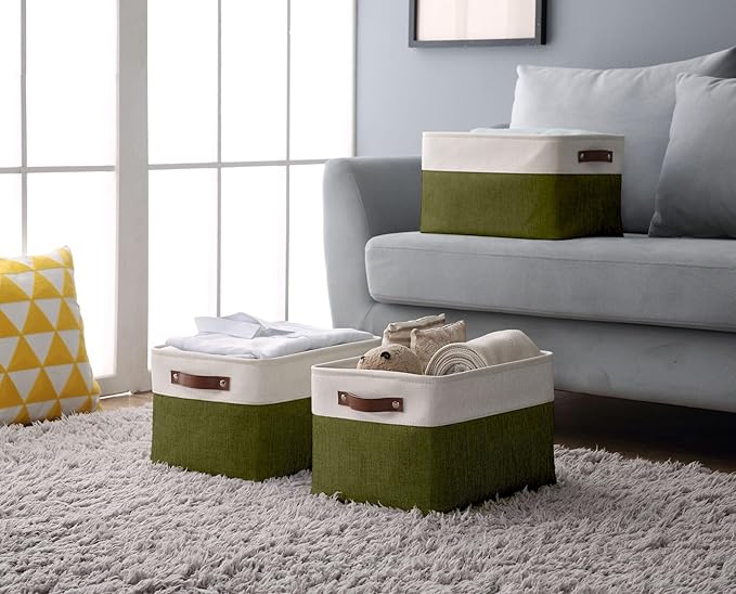 DECOMOMO Storage Bins Fabric Storage Baskets for Shelves, Linen Closet Organization Toys Nursery (Olive Green and White, Large - 3 Pack)