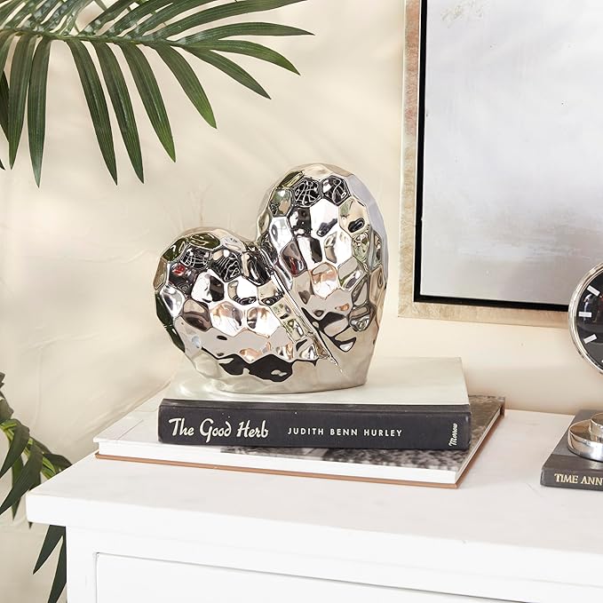 Deco 79 Porcelain Ceramic Heart Decorative Sculpture Dimensional Angled Origami Inspired Home Decor Statue, Accent Figurine 8" x 3" x 8", Silver