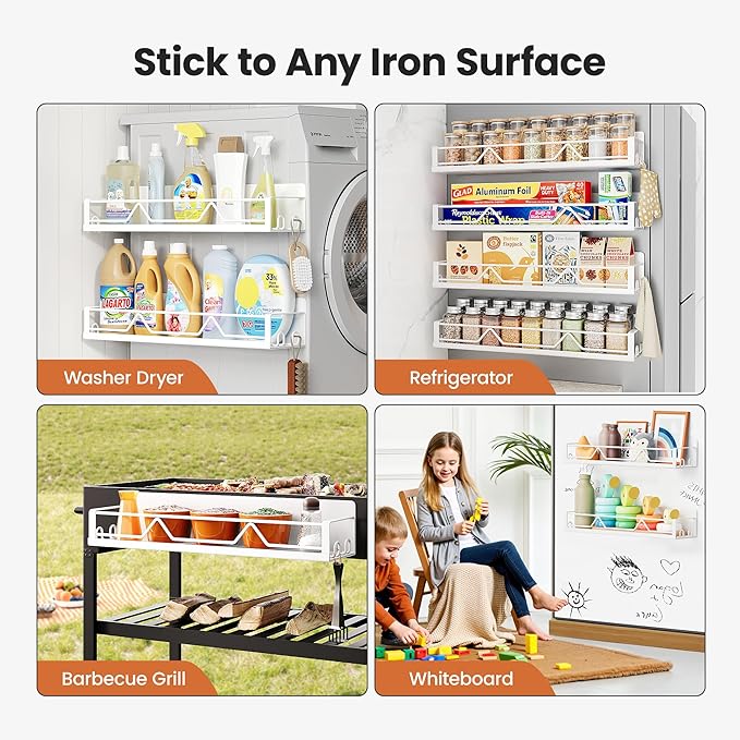 16.9 Inch Wide Large Capacity Magnetic Spice Rack for Refrigerator, 4 Pack Metal Fridge Shelf, White