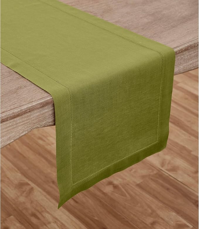Solino Home Linen Table Runner 120 Inches Long - 100% Pure Linen Avocado Green Table Runner 14 x 120 Inch for Fall, Autumn, Thanksgiving - Classic Hemstitch