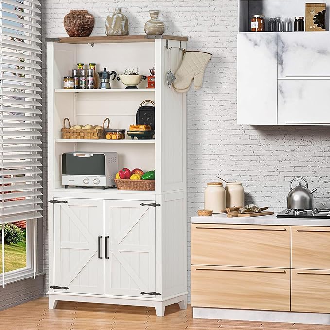 5 Tier Bookshelf 70in Tall Bookcase with Barn Doors and Storage Cabinet, White Farmhouse Book Shelf with Adjustable Shelves, Wood Freestanding Display Bookshelves for Bedroom, Living Room