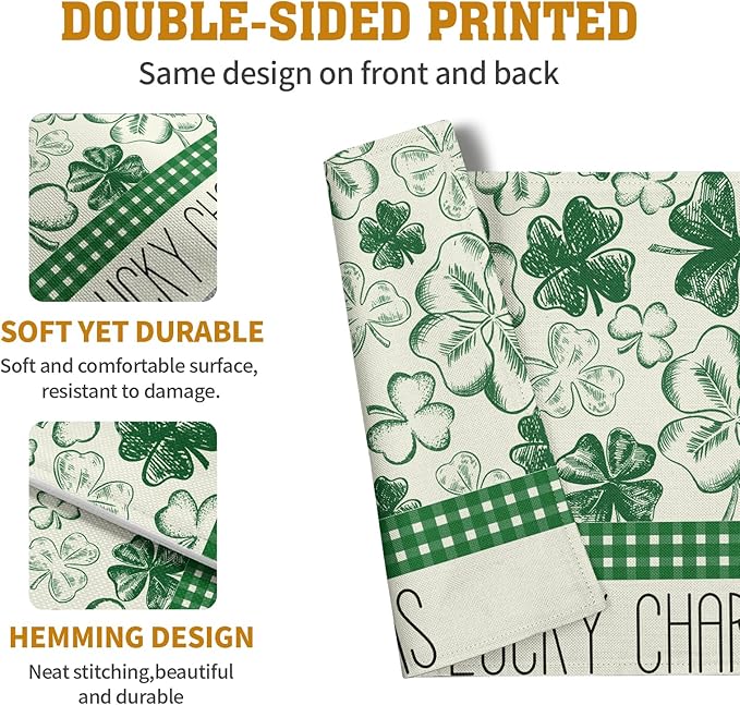 Green Shamrock St Patricks Day Placemats Set of 4 Lucky Clover Plaid Check Table Mat 12x18 Inch St. Patrick's Day Seasonal Holiday Place Mats Spring Linen Placemat for Party Kitchen Dining Decor