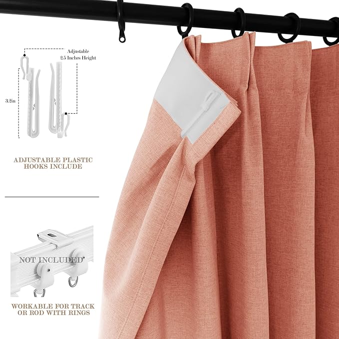 Orange Pinch Pleat 100% Blackout Drapes Linen Blend, Room Divider, Room Darkening, Energy Saving, Furniture Protecting, Light Blocking Extra Wide Privacy Curtains, 200Wx102L, 1 PC