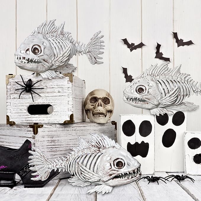 DR.DUDU 3 Pack Skeleton Fish Halloween Decor, Animals Skeleton Decorations Plastic Skull Fish Bones Figure Decor for Outdoor Indoor Bedroom Tank Party Props