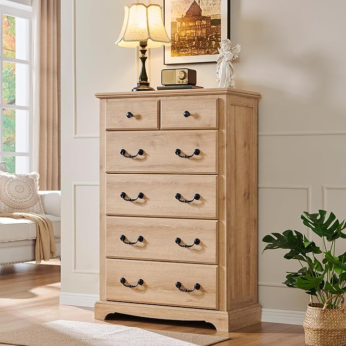 T4TREAM 6 Drawers Dresser Chests for Bedroom, 48" Tall Rustic Chset of Drawers, Wood Dressers Organizer for Bedroom, Living Room,Hallway, Natural Oak