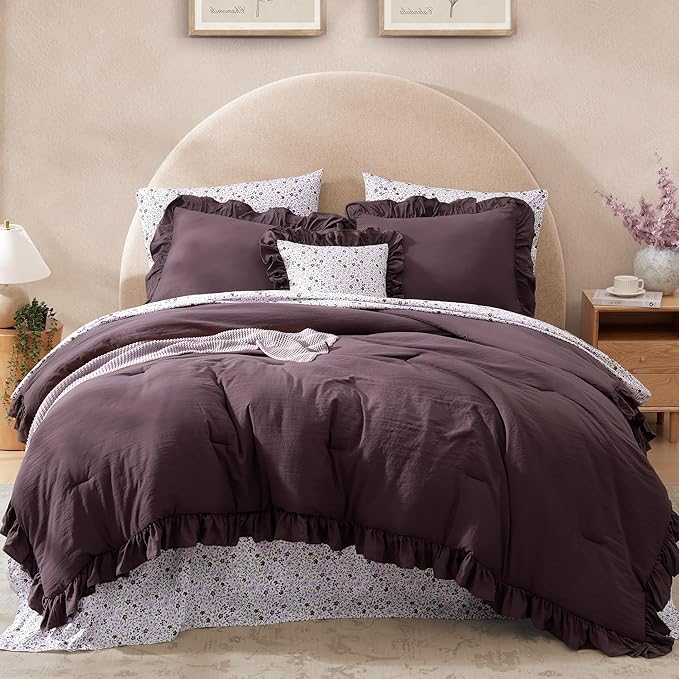 Full Comforter Set - 7 Pieces Ruffle Purple Bedding Sets, Shabby Chic Farmhouse Bed in a Bag Full with Ruffle Comforter, Floral Sheets, Pillowcases & Shams