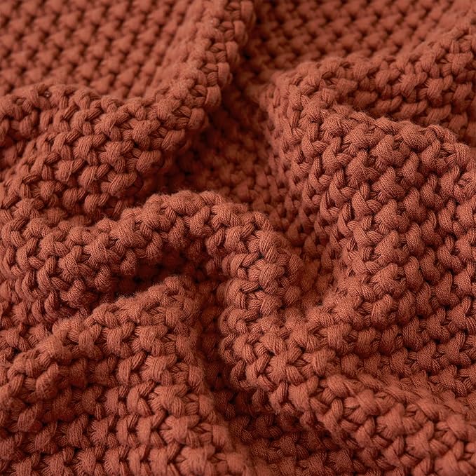 Longhui bedding Chunky Cable Knit Throw Blanket Lightweight Rust 100% Organic Cotton Blanket for Sofa Couch Bed Baby Nursery, Rustic Shabby Chic Modern Farmhouse, 51” x 63” Give Laundering Bag