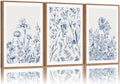 SIGNINART Classic Chinoiserie Botanical Framed Canvas Wall Art, Blue and White Floral Wall Decor, Minimalist Flower Artwork, Navy Blue Wildflower Art Painting for Bedroom Living Room Office 24"x36"x3